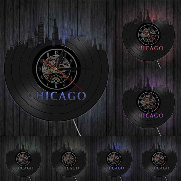 Chicago Illinois Skyline Wall Clock Chicago City Vinyl Record Clock USA Skyline Vinyl Record Wall Art Tourism Minimalist Gift With LED