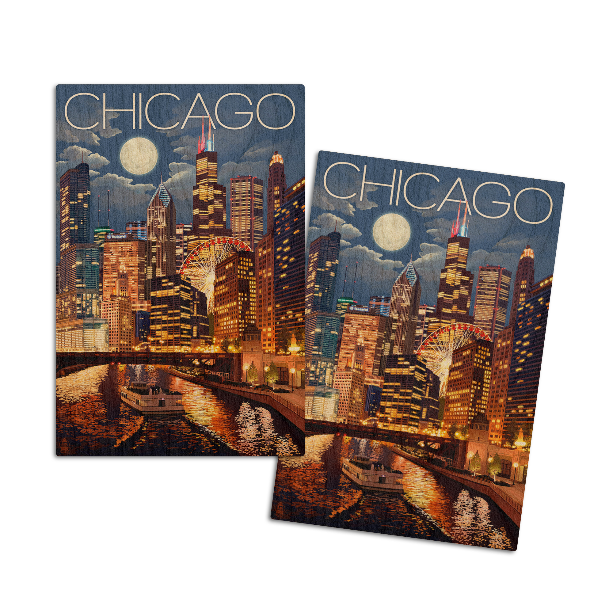 Chicago, Illinois, Skyline at Night (4x6 Birch Wood Postcards, 2-Pack ...