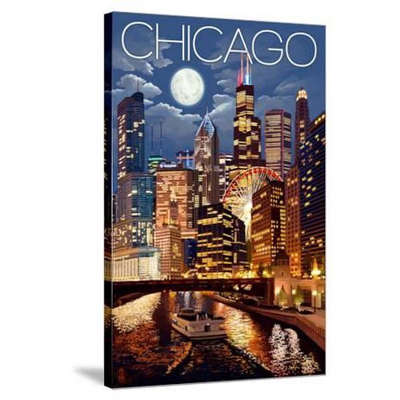 Chicago, Illinois Skyline at Night, Stretched Canvas Wall Art by Lantern Press Sold by ArtCom