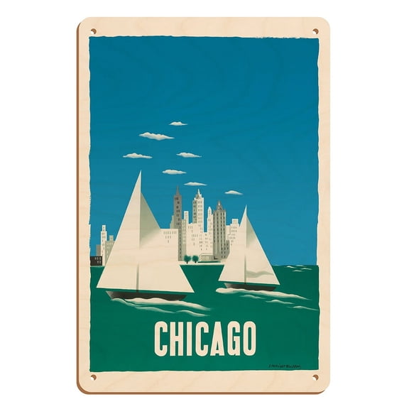 Chicago Illinois - The Windy City - Vintage Airline Travel Poster by Edward McKnight Kauffer c.1948 - 8 x 12 inch Vintage Wood Art Sign