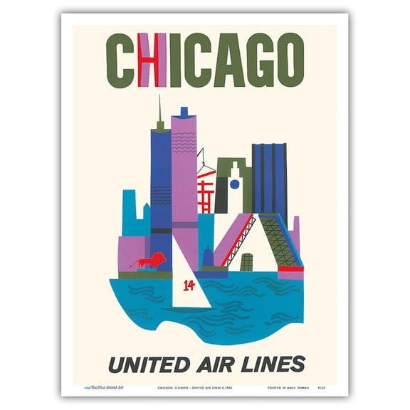 Chicago Illinois - United Air Lines - Vintage Airline Travel Poster c.1962 - Master Art Print (Unframed) 9in x 12in