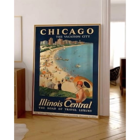 Chicago Illinois Vintage Travel Retro Beach for Living Room Office or Entryway Decor Poster
