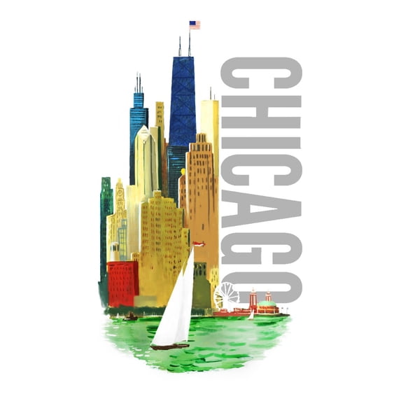 Chicago, Illinois, Vintage Watercolor Skyline, Bright Colors (9x12 Wall Art Print, Home Decor)
