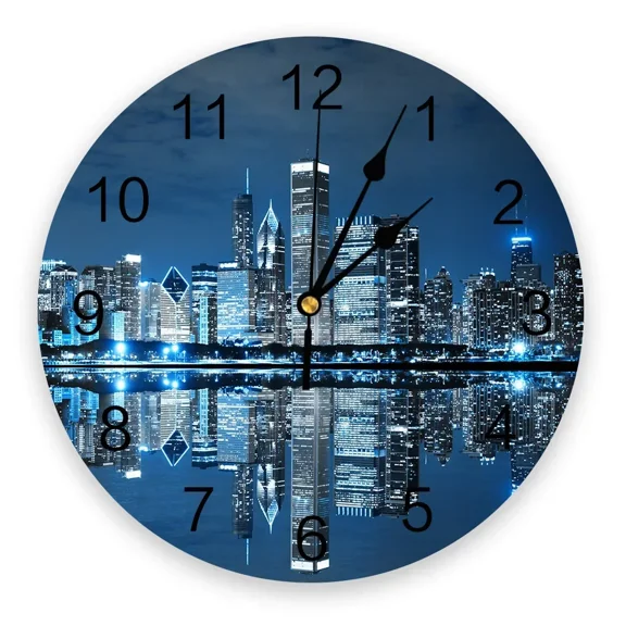 Chicago Landscape Architecture Night View Modern Wall Clock For Home Office Decoration Living Room Bathroom Decor Hanging Watch（10 Inch）