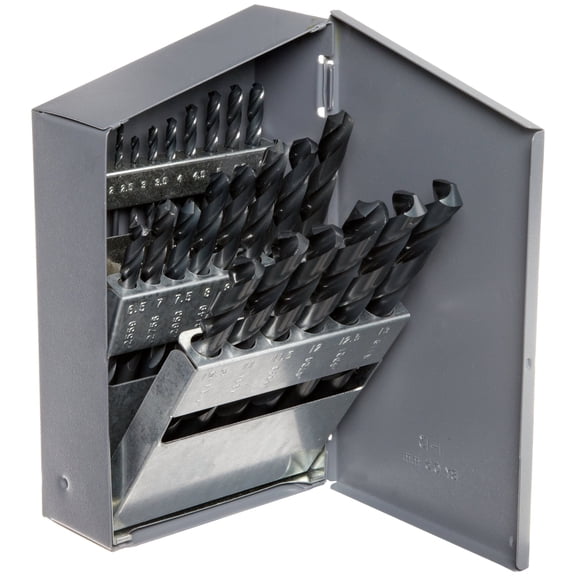 Chicago Latrobe 150 Series High-Speed Steel Jobber Length Drill Bit Set with Metal Case, Black Oxide Finish, 118 Degree Conventional Point, Metric, 25-piece, 1.0mm - 13.0mm in 0.5mm increments CA3