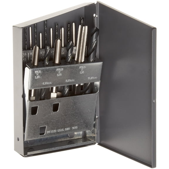 Chicago Latrobe HM18 High-Speed Steel Jobber Length Drill Bit and Tap Set with Metal Case, Black Oxide Drill Bits/Uncoated Taps, Metric, 18-piece, Metric Drill Bit Sizes, M2.5 to M12 Tap Sizes CA3