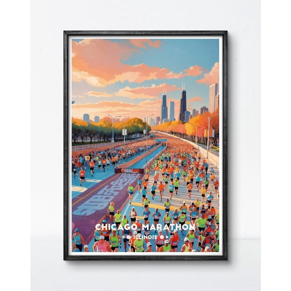 Chicago Marathon Poster Skyline Race Scene Running Event Art Print Vintage Travel Style , Poster Only