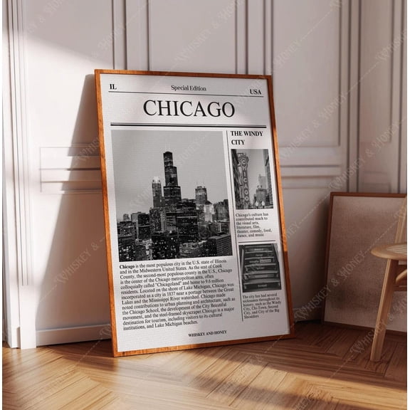 Chicago Minimal City Wall Art Newspaper Style Home Decor