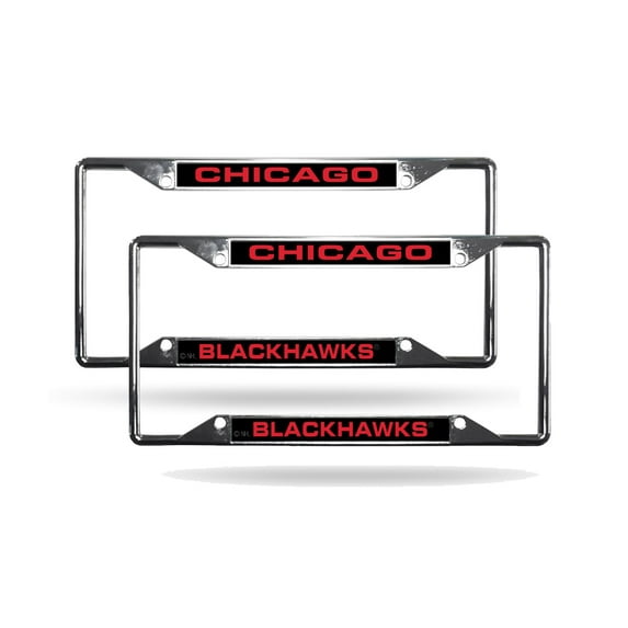 Chicago Hockey BlackHawk's (Set of 2) All Corner EZ View Chrome Metal Laser Cut License Plate Frames