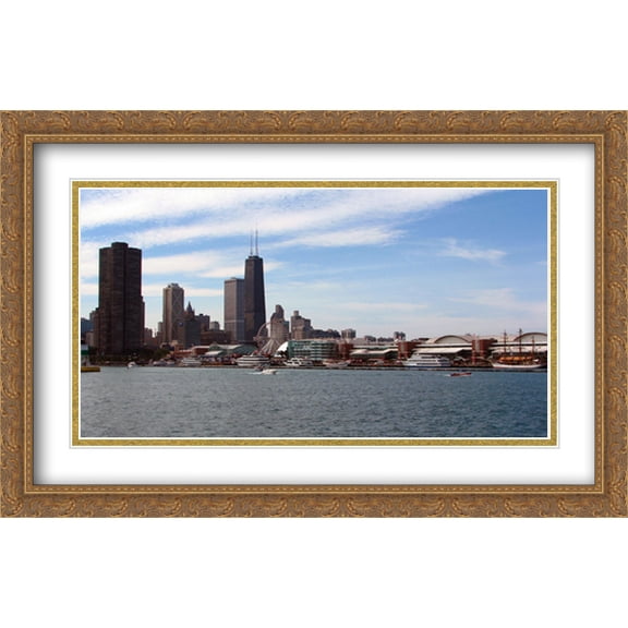 Chicago Navy Pier and Lake Michigan 2x Matted 40x26 Large Gold Ornate Framed Art Print by The Cityscape Art Print Series