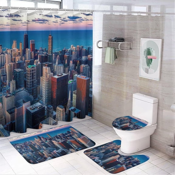 Chicago Night City Landscape Shower Curtain Sets 4 Piece Bathroom Shower Curtain Set with Rugs Modern City Skyline Building Night View Waterproof Fabric Bath Curtain for Bathroom Decor