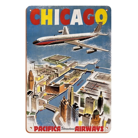 Chicago - Pacifica International Airways - Vintage Airline Travel Poster c.1950s - 8 x 12 inch Vintage Wood Art Sign
