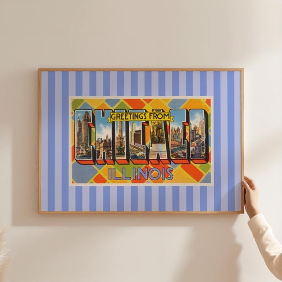 Chicago Print Vintage Illinois Postcard Retro Travel Print Girly Chicago Striped Wall Art Eclectic Il Decor Home Decor #496, Unframed Canvas Size 12x18