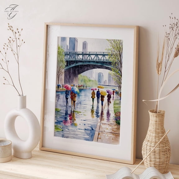 Chicago Rainy Day Art : Cityscape Bridge View Unframed Paper Print