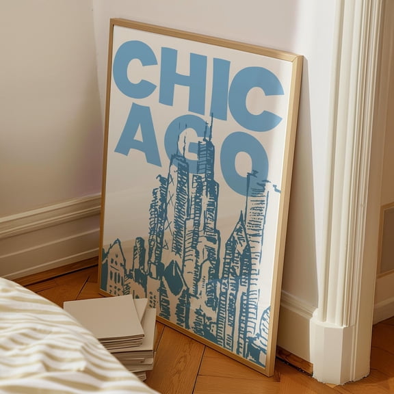 Chicago Retro Blue Skyline City Wall Art, Unframed Canvas Size 24x36