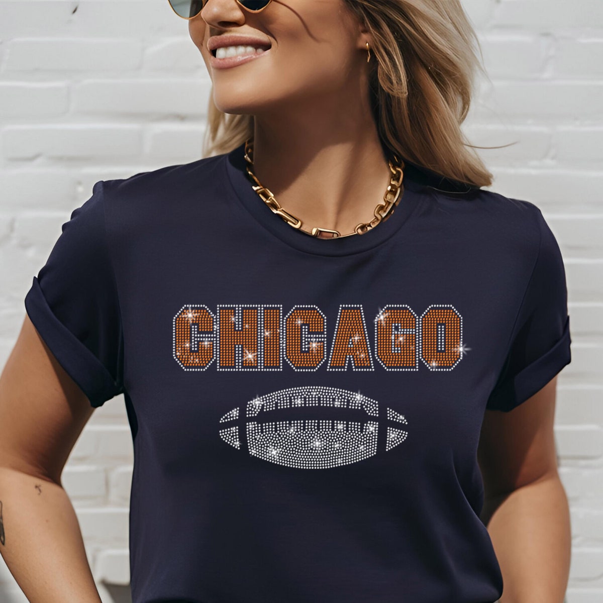Chicago Rhinestone Bling Shirt, Retro Football Sports Apparel, Trendy