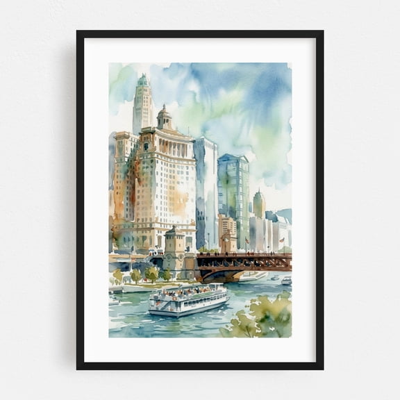 Chicago River Architecture Tour - Fine Art Watercolor Painting - Chicago Illinois Painting Watercolor Cityscape Architecture Bridge Boat Skyline Black Framed Wall Art Print 5 x 7 inches