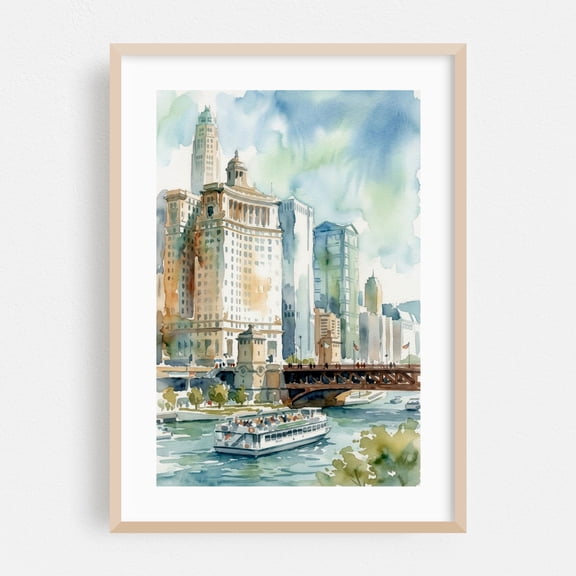 Chicago River Architecture Tour - Fine Art Watercolor Painting - Chicago Illinois Painting Watercolor Cityscape Architecture Bridge Boat Skyline Oak Framed Wall Art Print 16 x 24 inches