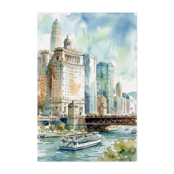 Chicago River Architecture Tour - Fine Art Watercolor Painting - Chicago Illinois Painting Watercolor Cityscape Architecture Bridge Boat Skyline Travel Poster Unframed Wall Art Print 4 x 6 inches