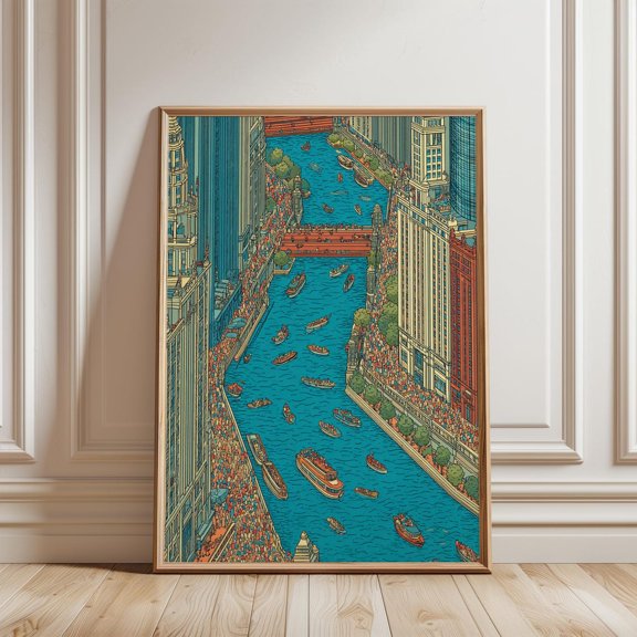 Chicago River Parade Boats Print Colorful Cityscape Skyline Wall Art, Unframed Paper Print