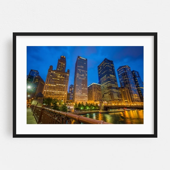 Chicago River Skyscrapers - Chicago Illinois Photography Cityscape Nightlife Skyline Architecture Bridge Modern Art Black Framed Wall Art Print 5 x 7 inches