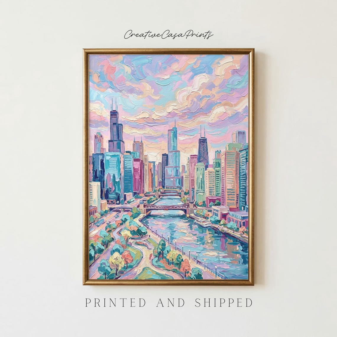 Chicago Riverfront Iconic Skyline Bridges Whimsical Wall Decor Poster ...