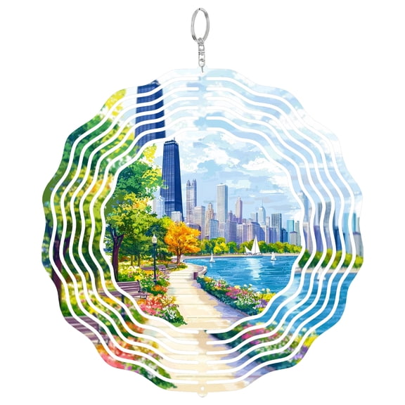 Chicago Riverwalk Architecture 3D Wind Spinner Stainless Steel Hanging Decor Garden Yard Art Urban Skyline Gift