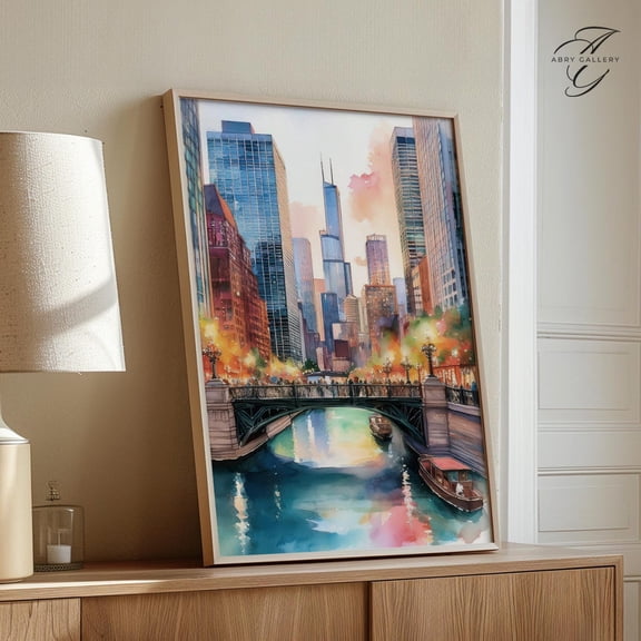 Chicago Riverwalk Art Poster: Vibrant Cityscape Reflection Decor, Unframed Canvas Size 24x36