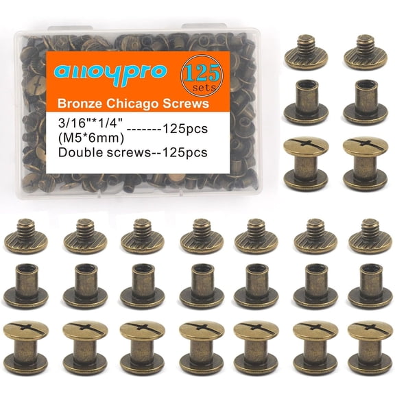 Chicago Screws Assorted Kit Bronze Leather Rivets Screw Rivets Slotted Phillip Head Book Binding Posts Nail Rivet Chicago Bolts for DIY Leather Craft Bookbinding (Bronze 3/16"x1/4"-125 Sets)