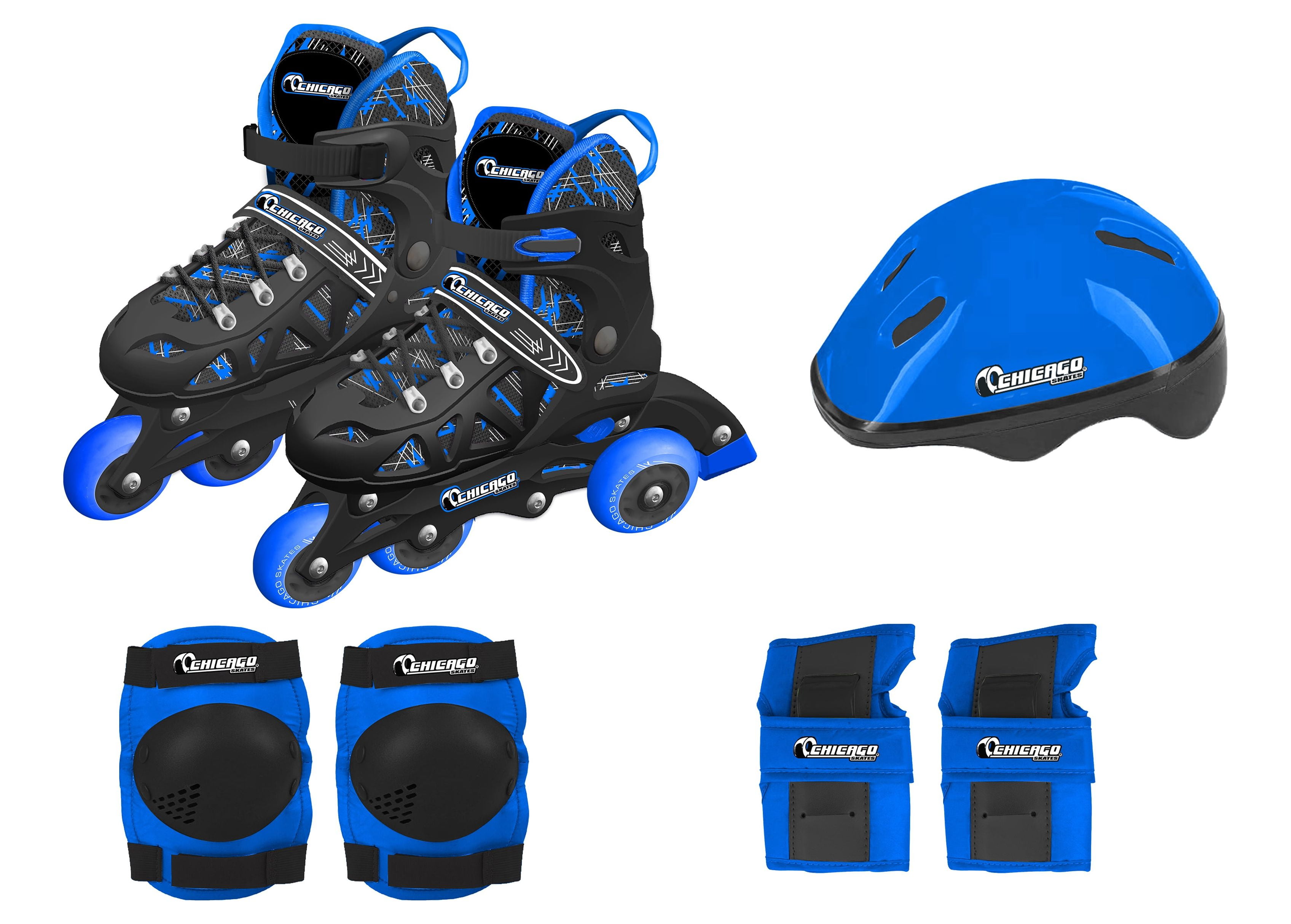 Chicago Skates Adjustable Inline Training Skate Combo Set Black/Blue/White – Includes Skates, Helmet, Knee pads, Wrist guards and Carryall backpack - Size Small (J10-J13)
