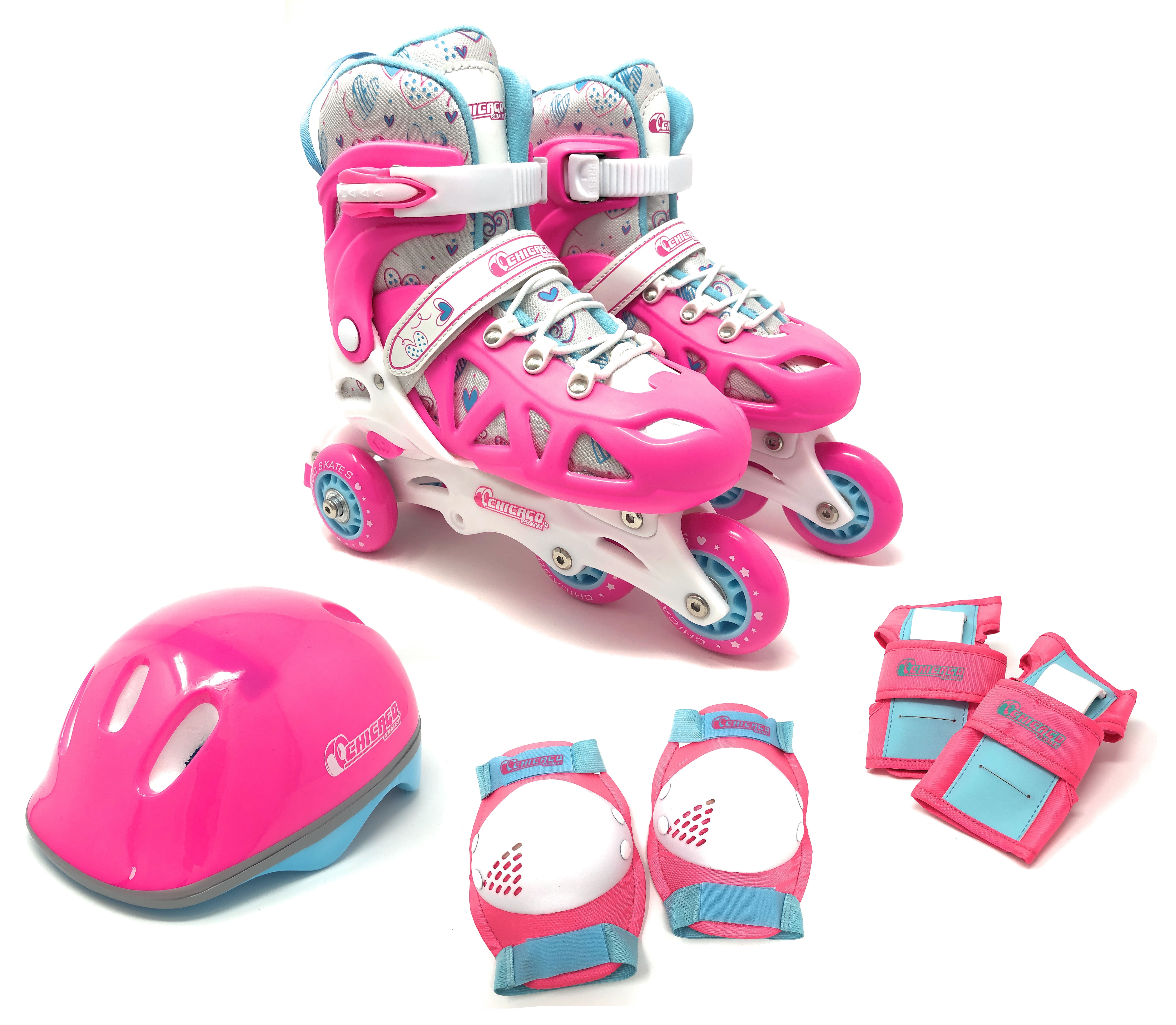 Chicago Adjustable Inline Training Skate Combo Set Pink/White/Teal, Includes Skates, Helmet, Knee Wrist guards and Carryall backpack, Size Small (J10-J13) - Walmart.com