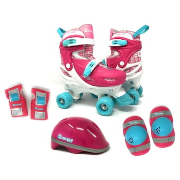 Chicago Skates Adjustable Quad Roller Skate Combo Set Pink/White/Teal – Skates, Helmet, Knee Pads, And Wrist Guards - Size Medium(1-4)