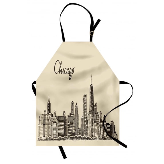 Chicago Skyline Apron Vintage Style Urban Silhouette Country Culture Architecture Capital, Unisex Kitchen Bib Apron with Adjustable Neck for Cooking Baking Gardening, Beige Dark Brown, by Ambesonne