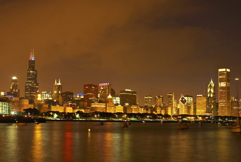 Chicago Skyline At Night Canvas Art - Kim Karpeles Design Pics (18 x 12)