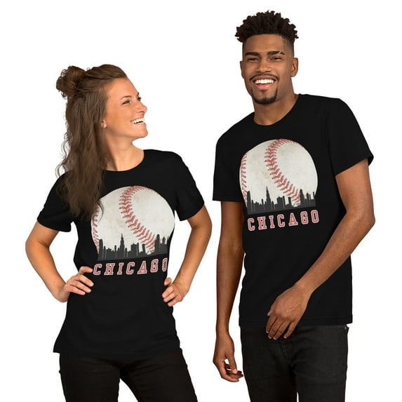 Chicago Skyline Baseball Graphic T-Shirt, Vintage Sports City Tee (Black, L)