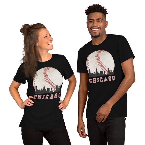 Chicago Skyline Baseball Graphic T-Shirt, Vintage Sports City Tee (Black, M)