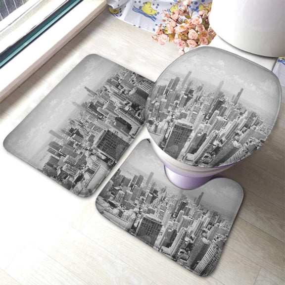 Chicago Skyline Bath Mat Aerial View City View High-Rise Building Bathroom Mat Set 3 Pieces Rug Toilet Seat Lid Cover Non Slip