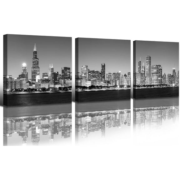 Chicago Skyline Canvas Wall Art - Black and White Night Buildings Cityscape Canvas Print Modern Bedroom Office Decoration 3 Pieces City Pictures Artwork Stretched and Framed Ready to Hang