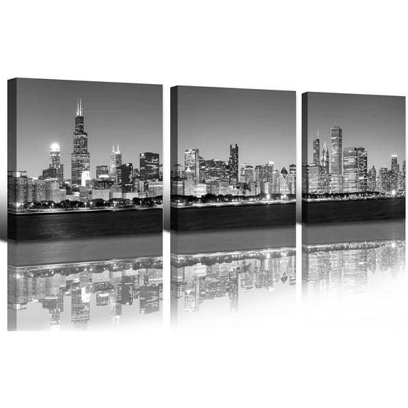 Chicago Skyline Canvas Wall Art - Black and White Night Buildings Cityscape Canvas Print Modern Bedroom Office Decoration 3 Pieces City Pictures Artwork Stretched and Framed Ready to Hang