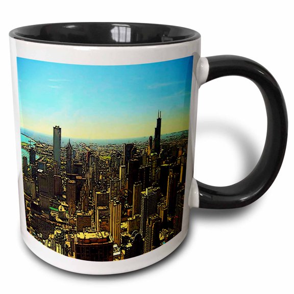 3drose, Chicago Skyline Cartoon, 11oz Two-tone Black Mug