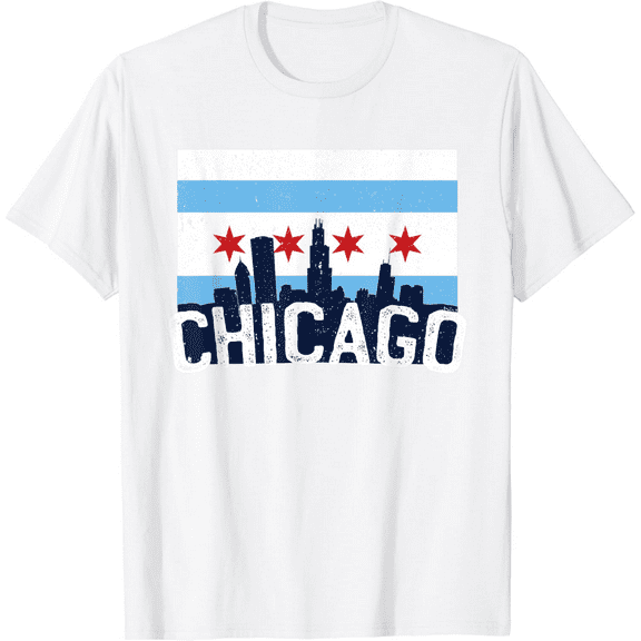 Chicago Skyline City Flag Illinois Souvenir Gift T-Shirt100% cotton