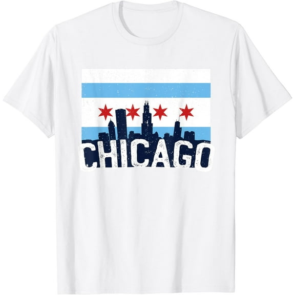 Chicago Skyline City Flag Illinois Souvenir Gift T-Shirt100% cotton