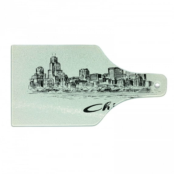 Chicago Skyline Cutting Board, Vintage Art of American City in Hand Drawn Style Sketchy Effects, Decorative Tempered Glass Cutting and Serving Board, Wine Bottle Shape, Black and Cream, by Ambesonne