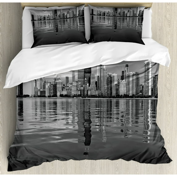 Chicago Skyline Duvet Cover Set King Size, Nostalgic Weathered Lake Michigan Harbor Coastal Town Urban Vintage, Decorative 3 Piece Bedding Set with 2 Pillow Shams, Black White, by Ambesonne