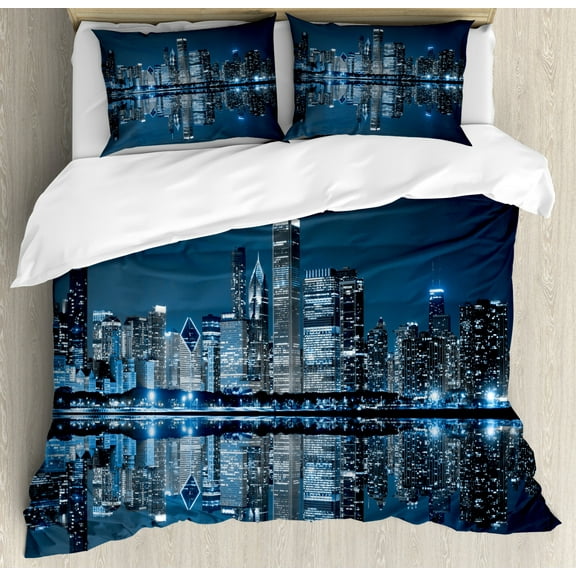 Chicago Skyline Duvet Cover Set King Size, Sleeping City Dramatic Urban Resting Popular American Lake Picture, Decorative 3 Piece Bedding Set with 2 Pillow Shams, Night Blue Grey, by Ambesonne