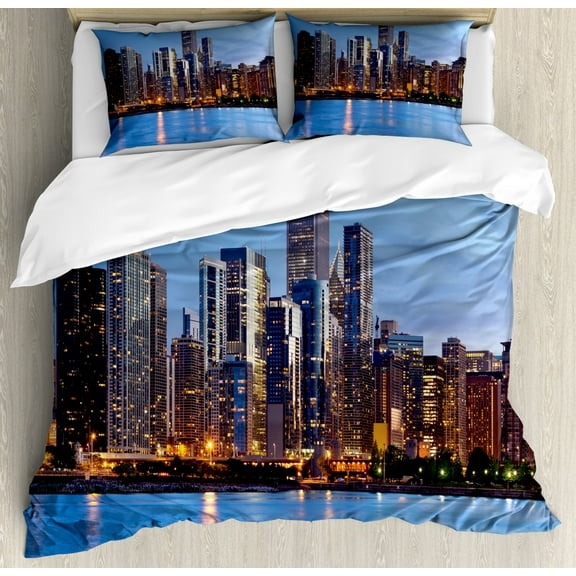 Chicago Skyline Duvet Cover Set King Size, Sunset in Big City with Dramatic Sky Skyscrapers Evening by Lake, Decorative 3 Piece Bedding Set with 2 Pillow Shams, Blue Orange Taupe, by Ambesonne