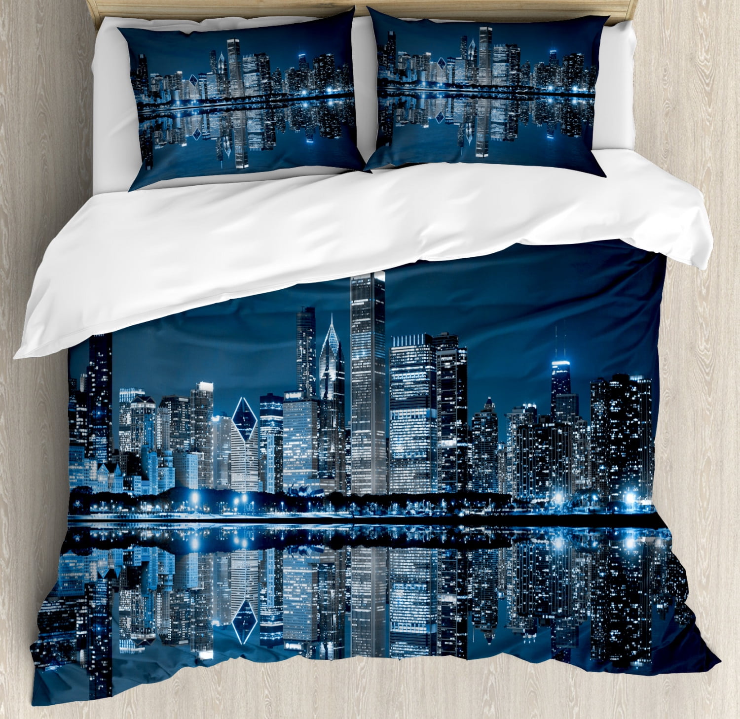 Chicago Skyline Night Blue Grey Queen Duvet Cover Set