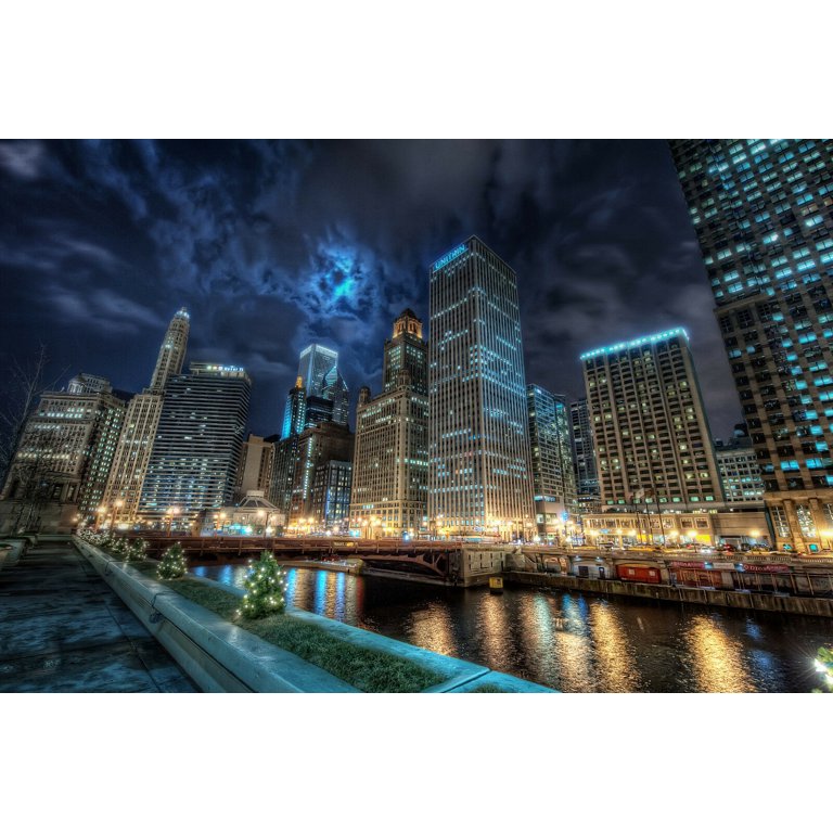 Chicago Skyline Canvas Wall Art - Black & White Panorama Cityscape Print 24x36 Inch Framed