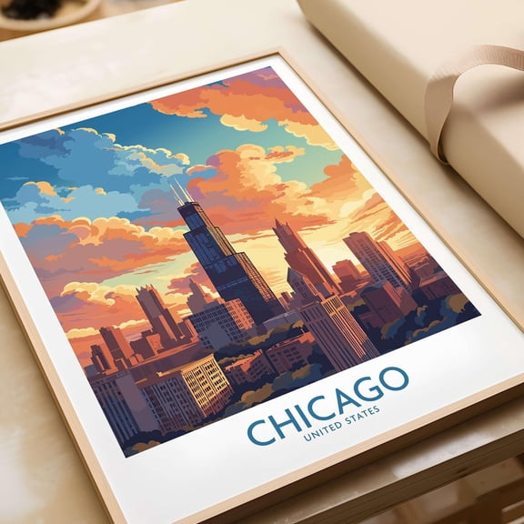 Chicago Skyline Print Wall Art Modern Home Decor Chicago Wall Art Willis Tower Sunset City