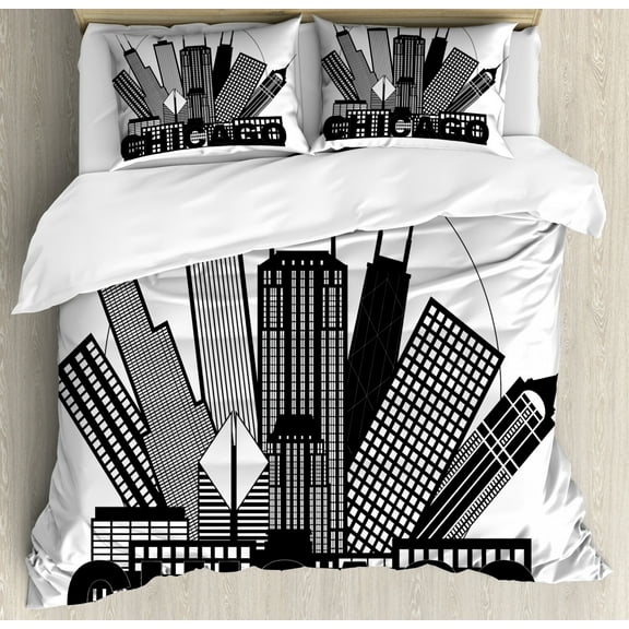 Chicago Skyline Queen Size Duvet Cover Set, Circle City Landscape Office Buildings North American Memories Print, Decorative 3 Piece Bedding Set with 2 Pillow Shams, Black and White, by Ambesonne